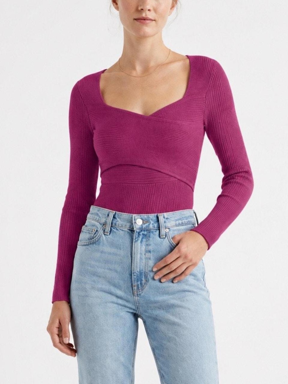 Abercrombie & Fitch Ribbed Sweetheart Neck Long-Sleeve Top - Magenta